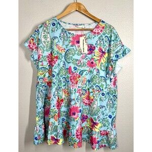 NWT Southern Stitch Aqua Paisley Floral Babydoll Ruffle Top‎ Womens Sz XL Blouse
